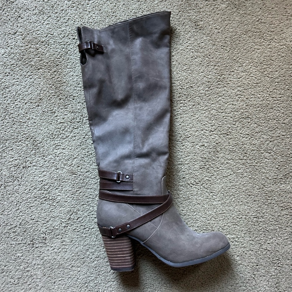 Gray knee high boots